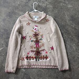 Vintage Kikit Sweater Womens L Tan Reindeer Embroidered Cottage Christmas Tree